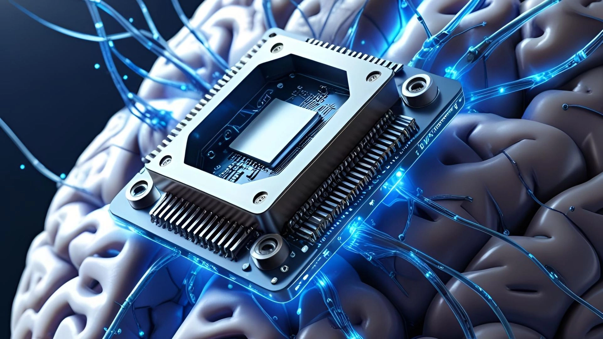 Neuralink chip linked to the brain, showcasing advancements in brain-computer interface technology
